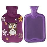 HomeIdeas 2 Liter Classic 100% Natural Rubber Hot Water Bottle with Soft Knitted Cover, For Quick Pain Relief and Comfort (Purple / Purple with Owl)