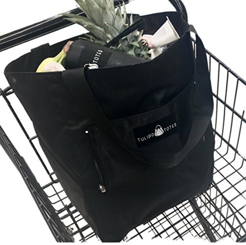 Reusable Shopping Bag - by TULIPO TOTES - Very Sturdy - Modern Design - Extra Large - Top Quality - Reinforced - Neutral Black - Easy Carry
