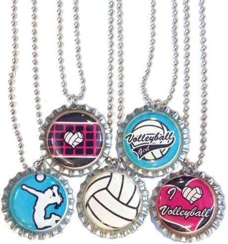 5 Volleyball Bottlecap Necklaces - Party Favor