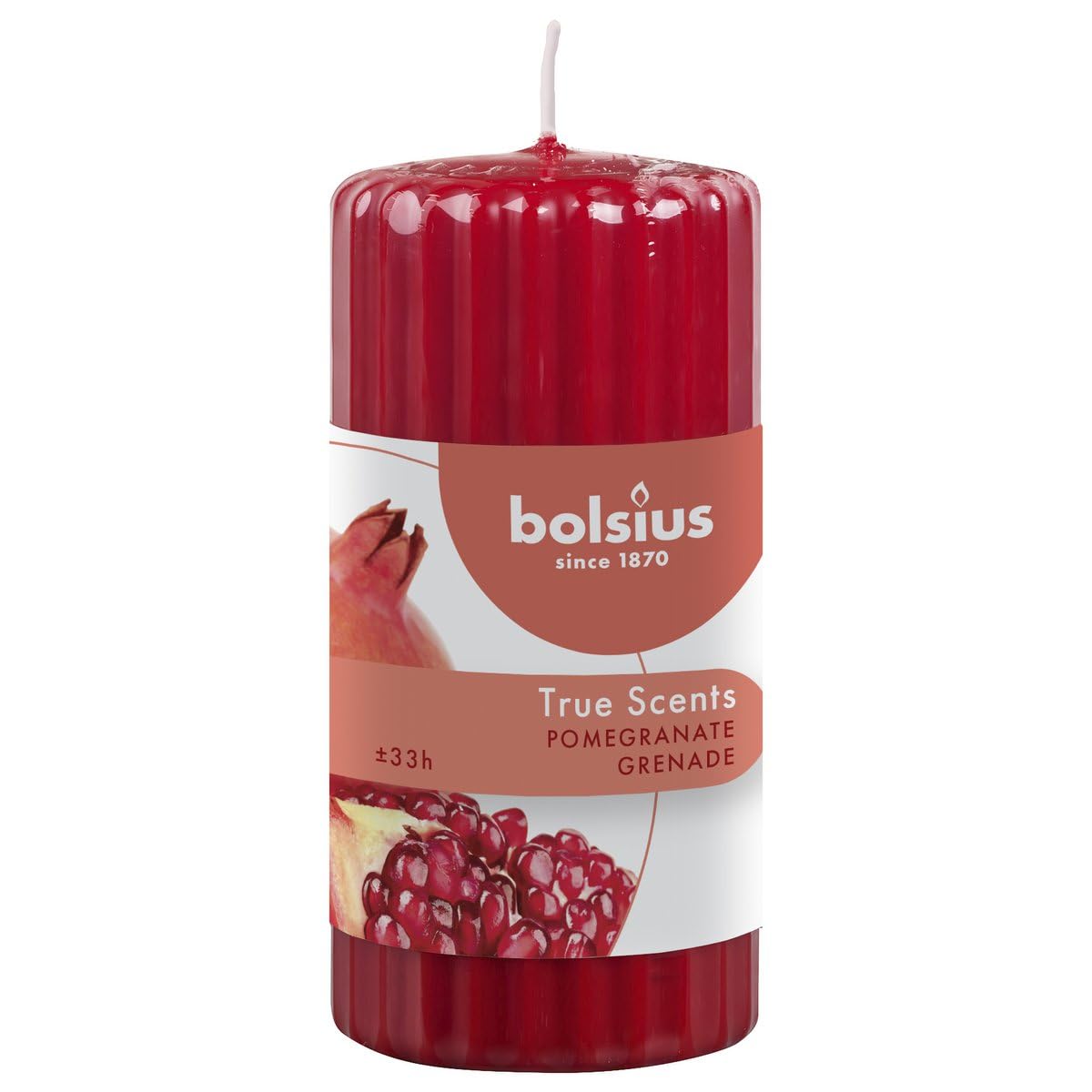 Bolsius Ribbed Pillar Pomegranate 120/58 mm, Wax, Red, One Size