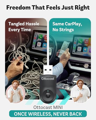 OTTOCAST Mini 2025 Adaptador automatico inalámbrico CarPlay/Android 2 en 1,WiFi de 5 GHz,conexión automática para Coches 2016+