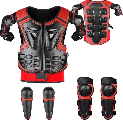 Fansport Children's Motorcycle Protective Gear, 5 Pieces Creative Breathable Knee Pad Equipment Motorcycle Cross Child for Off-Terrain Cycling Skiing Skating Skating