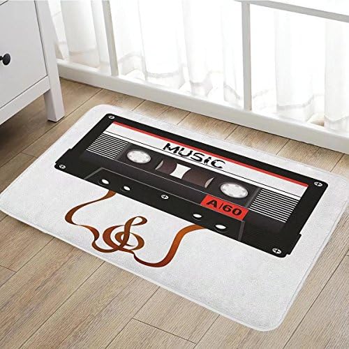 70s Party Bath Mat for tub Broken Analogue Audio Cassette Music Playing Record Vintage Technology door mats for inside Bathroom Mat Non Slip Backing20"x31" Black White Gold