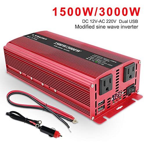 Yinleader Power Inverter 1500W/3000W(Peak) DC 12V to 110V AC with Dual AC Outlets and Dual 3.1A USB Ports for RV Caravan Truck Laptop iPad iPhone(Cables+ Replaceable Fuses)(Red)