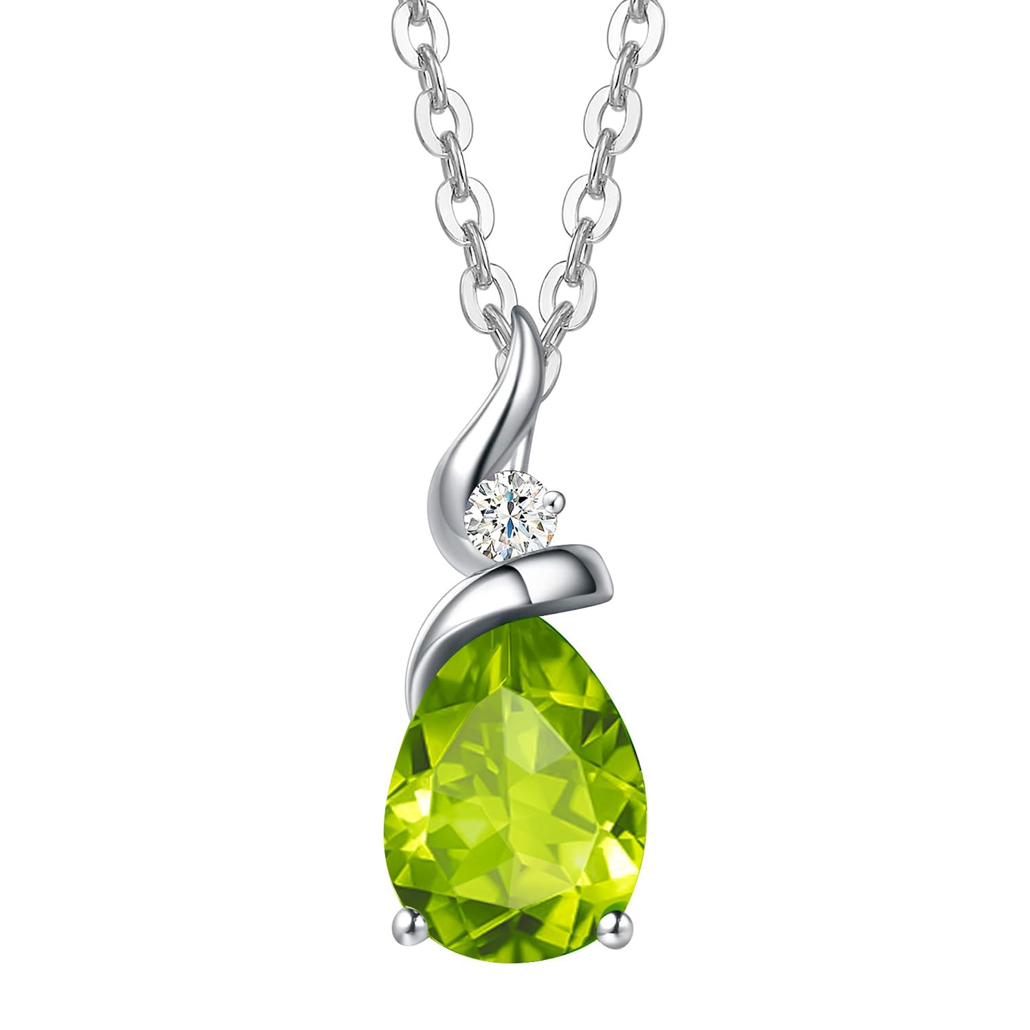 14 Carat Solid White Gold 585 Diamond Genuine Peridot Pendant with Sterling Silver Chain Gifts for Mom Pear Shape Solitaire August Birthstone Necklaces Fine Jewellery Birthday Gifts for Women — image 1