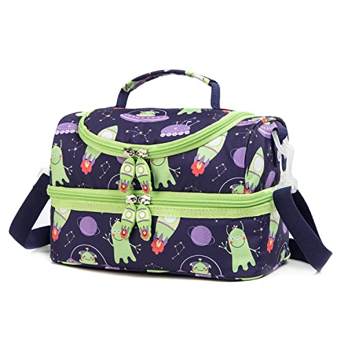 Life on track Insulated Kids Dual Compartment Lunch Bag Tote Box for Girls Boys Toddler School Picnic Food Cooler Hot Water Ice with Strap (Space Alien)