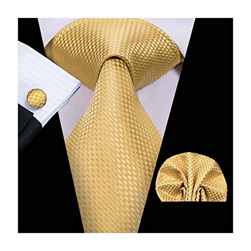 Hi-Tie Men Gold Yellow Check Plaid Tie Necktie with Cufflinks and Pocket Square Tie Set