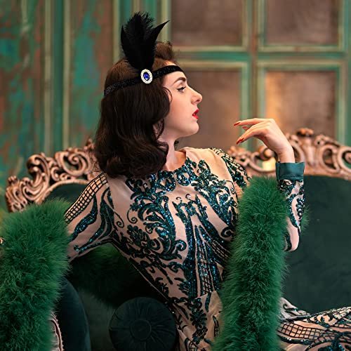 bdzyh Gatsby Head Band for Women Flapper 1920s Hair Accessories, Elastic Roaring 20s Headpiece, Black Hippie Disco 70s Headband with Blue Rhinestone