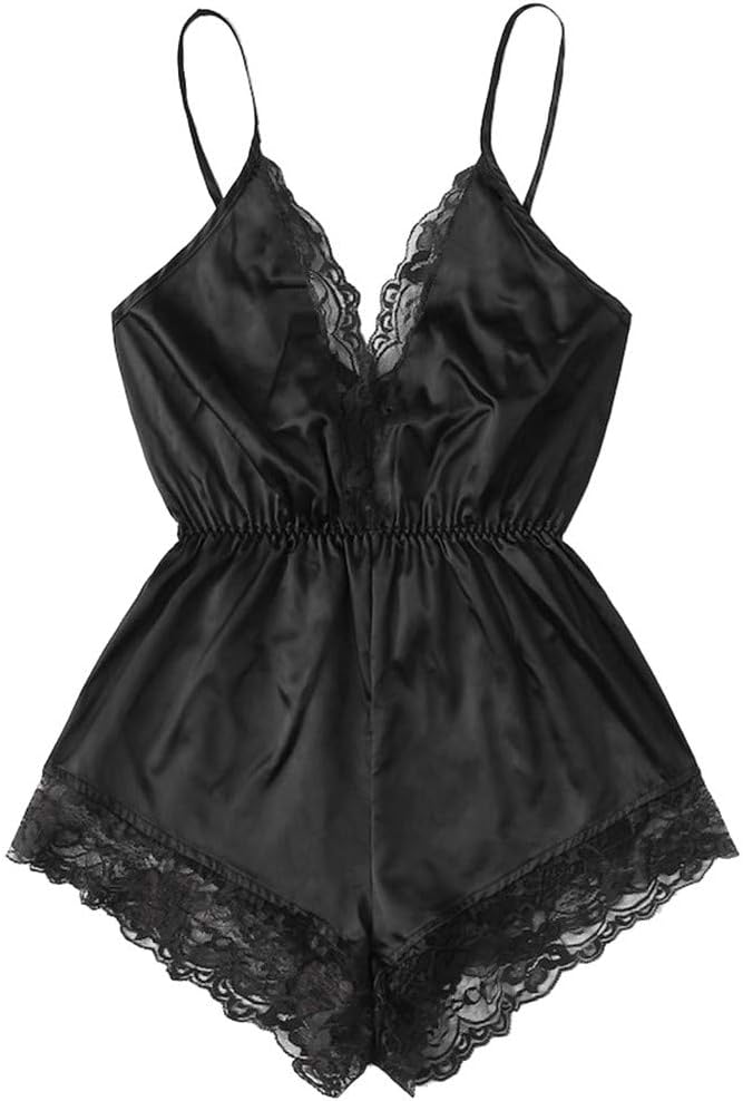 CHIDY Women Sexy Lingerie V Neck Lace Splice Jumpsuit Adjustable Cross Strap Sleepwear Bodydoll Soft Nightwear