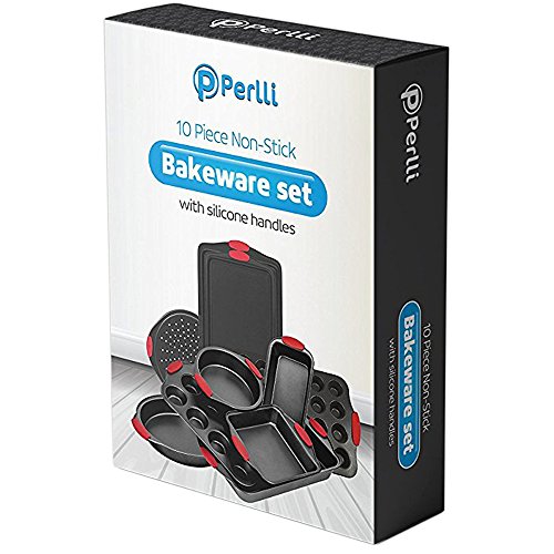 image for Perlli 10-Piece Nonstick Carbon Steel Bakeware Set With Red Silicone H