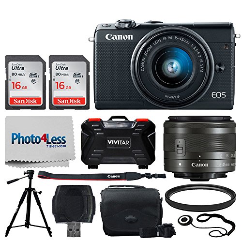 Canon-EOS-M100-Mirrorless-Digital-Camera-Black-EF-M-15-45mm-f35-63-IS-STM-Lens-Graphite-32GB-Memory-Card-49mm-UV-Filter-Quality-Tripod-Memory-Card-Holder-24-Slots-Cleaning-Cloth