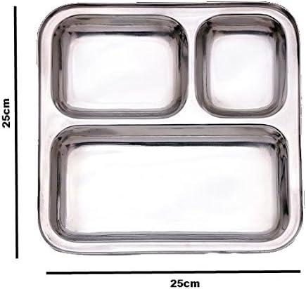 Stainless Steel Square 3 Compartment Dish Indian Thali Plate Dish Camping Bhojan (1pc)