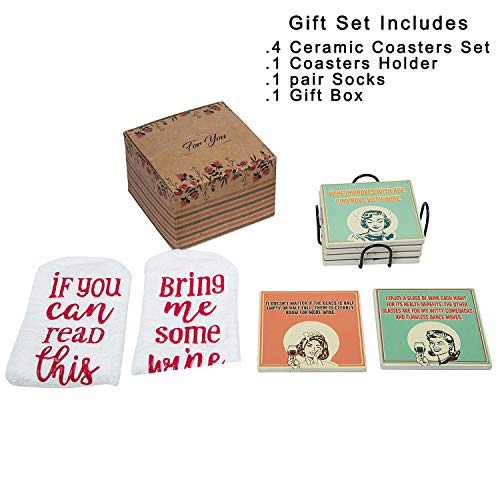 Absorbent Stone Wine Coasters with Holder + Funny Socks, Ceramic Coasters Gifts for Wine Lovers, Wine Gift Sets for Women, Mom, Christmas Gift Baskets
