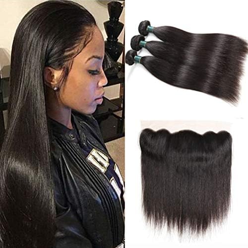 8A Brazilian Virgin Hair Straight Human Hair with Frontal Brazilian Straight Hair Lace Frontal Closure with Bundles Straight Hair Bundles with Lace Frontal(26 26 26+20 frontal, Natural Color)