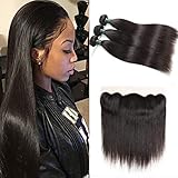 8A Brazilian Virgin Hair Straight Human Hair with Frontal Brazilian Straight Hair Lace Frontal Closure with Bundles Straight Hair Bundles with Lace Frontal (18 20 22+16 frontal, Natural Color)