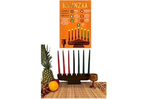 SHOPHAVEN Brown Kwanzaa Kinara Candle Set with Kwanzaa Poster, Wood Candle Set, Kwanzaa Kinara Set, Wood Kinara, Unity Cup, Bamboo Mat, Kwanzaa Celebration Decoration, African American Artwork