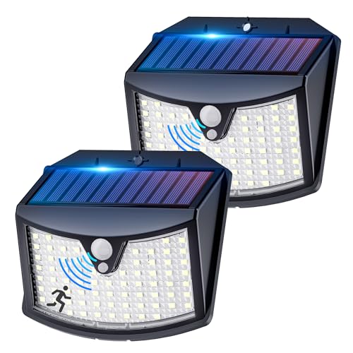 Giliwosy Outdoor Solar LED Light, 3 Modes IP65 Waterproof Outdoor LED Spotlight with Motion Sensor, Outdoor Solar Lamp for Garden, Wall, Garage (2 Pieces Cool White)