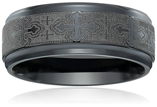 Black Titanium 9mm Comfort-Fit Wedding Band with Cathedral Cross Design, Size 11.5