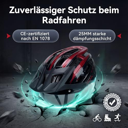 RLQA Bicycle Helmet Men Women MTB Road Bike Helmet with Removable Magnetic Visor & Glasses, Cycling Helmet with 24 Air Slits, LED Rear Light, Riding Helmet Adjustable Coarse