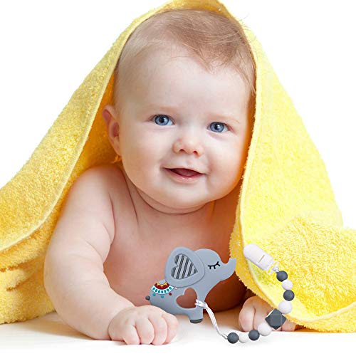 AmazingM Baby Teething Toys,Food Grade Silicone Elephant Teether Toy with Pacifier Clip Holder Set for Newborn Babies,BPA Free,Freezer Safe (Grey)