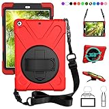 ZenRich New iPad 9.7 2017 2018 Case,360 Degree Rotatable with Kickstand,Hand Strap and Shoulder Strap case, 3 Layer Hybrid Heavy Duty Shockproof case for iPad 9.7 5th/6th Generation (Red)
