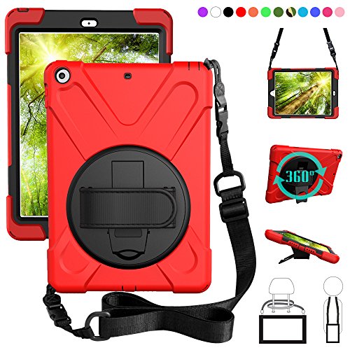ZenRich New iPad 9.7 2017 2018 Case,360 Degree Rotatable with Kickstand,Hand Strap and Shoulder Strap case, 3 Layer Hybrid Heavy Duty Shockproof case for iPad 9.7 5th/6th Generation (Red)