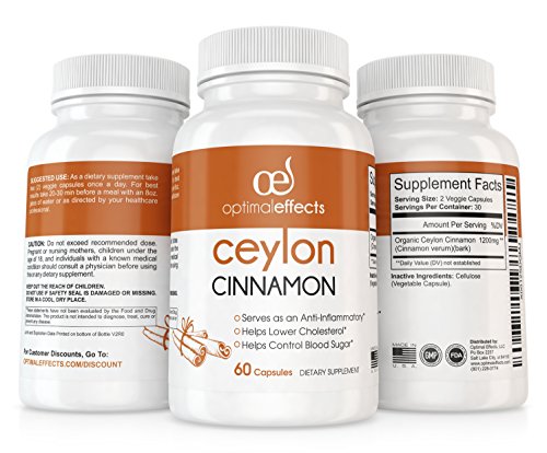 Organic Ceylon Cinnamon Supplement by Optimal Effects - Promotes Heart Health Lowers Blood Sugar Levels. Has Circulation & Weight Loss Support, True Cinnamon from Sri Lanka -1200mg 60 Veggie Capsules