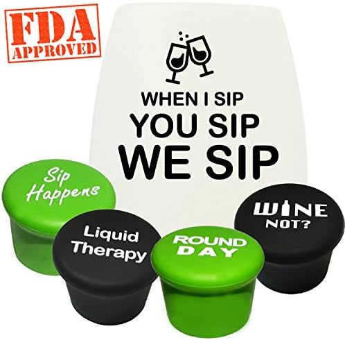 4 Unique Leak Proof Wine Stoppers + 1 Cute Silicone Wine Glass Perfect Wine Enthusiast Gift Wine Reusable Caps Stoppers Bottle Sealer for Wine and Beverage Bottles MYSASTAR Personalized Wine Saver