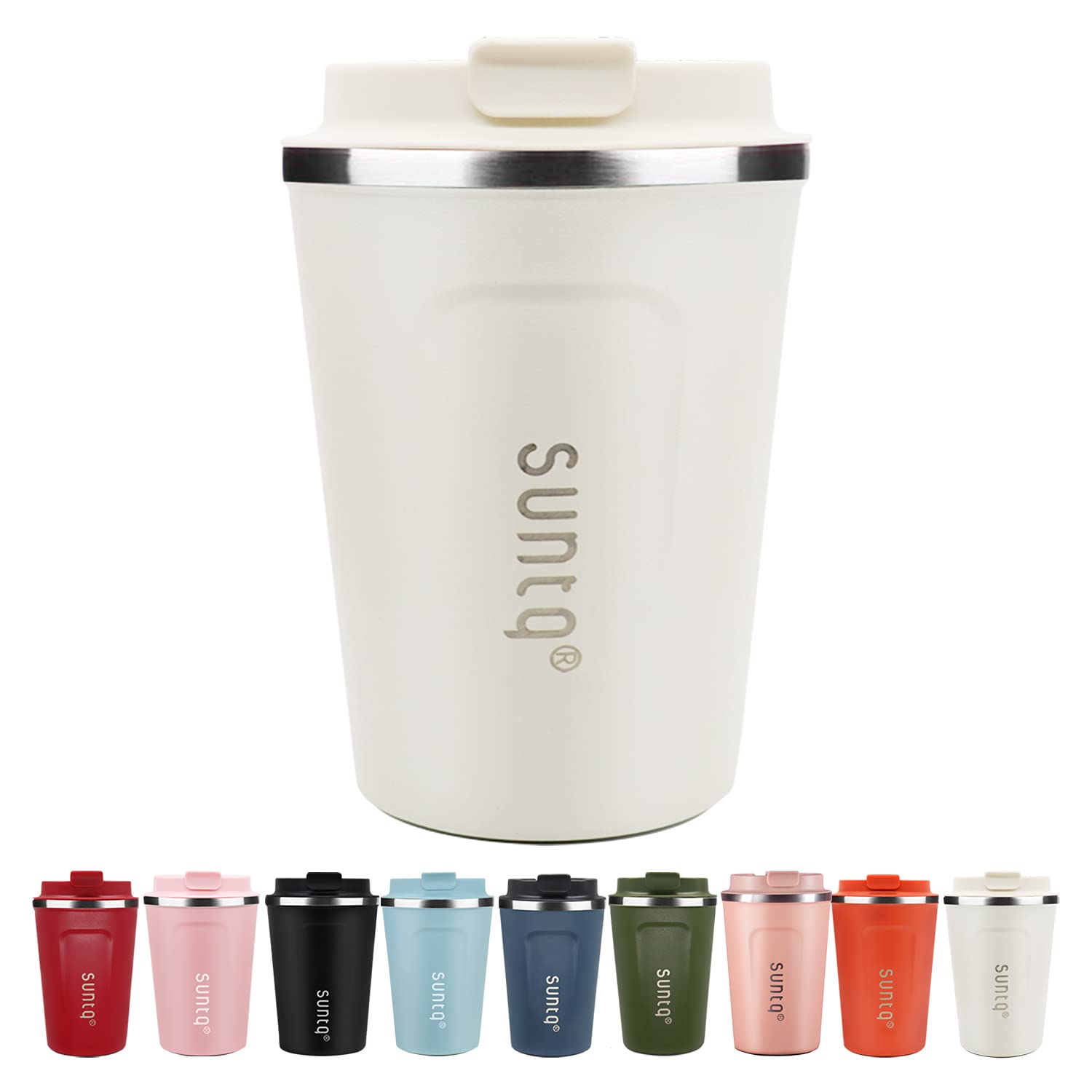 SUNTQ Reusable Coffee Cups Travel - Coffee Travel Mug with Leakproof Lid Stainless Steel Coffee Travel Cup (Creme White, 13oz/380ml)