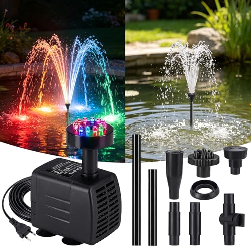 Submersible Pump for Outdoor Fountain 800L/H with LED Light, 16W Silent Water Pump with Filter for Pond, Fountain and Waterfall, Adjustable Flow for Garden, Stream and Aquarium