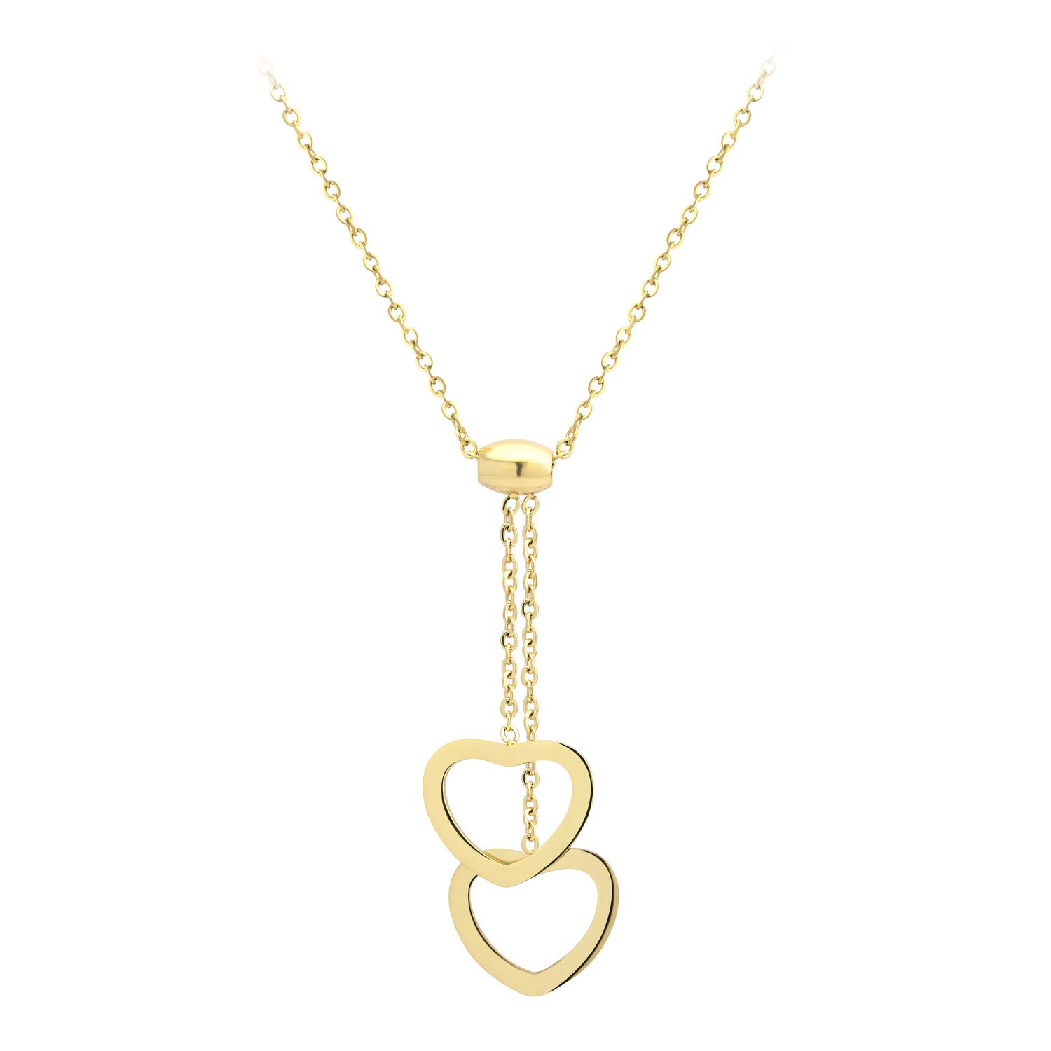 555Jewelry Stainless Steel Heart Shaped Necklace for Women Simple Dainty Romantic Lariat Y Dangling Dual Small Pendant Hollow Heart Necklace for Ladies, Gold