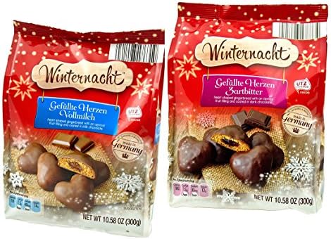 Winternacht Gefullte Herzen (Chocolate-covered Gingerbread Hearts with Apricot Fruit Filling) Bundle - 1 Zartbitter (Dark Chocolate) and 1 Vollmilch (Milk Chocolate), 10.58 Oz. per, 21.16 Ounces total