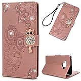 Galaxy Note 9 Case, Wallet Flip Folio Case Kickstand Card Slots Wrist String Embossed Cute Owl Diamond PU Leather Wallet Shockproof Soft TPU Rubber Bumper Slim Phone Cover for Samsung Galaxy Note 9