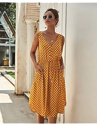 Eleter vestido de playa de verano con bolsillos, sin mangas, cuello en V, con botones divididos laterales, bohemio, con lunares, para mujer