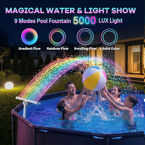 Solar Pool Fountain for Above Ground and Inground Pools with 9-Color Auto-Sensing Lights, High-Pressure Dual Spray Waterfall and 360° Adjustable Sprinkler Cools by 10-20°F for Relaxation