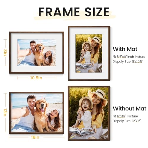 12X16 Oak Wood Picture Frame Brown Poster Frame for 8.5x11 Picture with Mat or 12x16 without Mat Natural Solid Wooden Picture Frames for Wall Art Photo and Prints