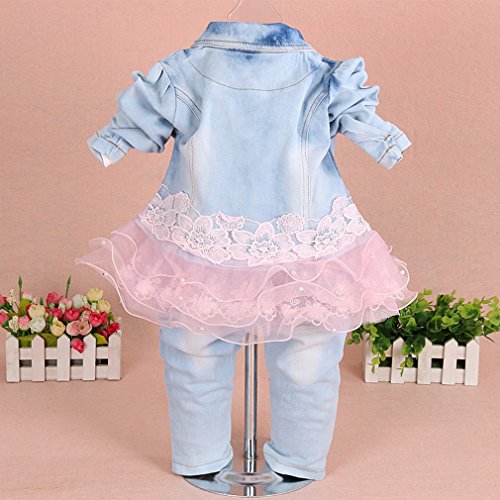 Yao Baby Girls Denim Clothing Sets 3 Pieces Sets T Shirt Denim Jacket