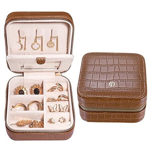 S.Leaf Travel Jewelry Organizer Boxes for Women Small Portable Necklace Earrings Bracelet Rings Travel Case Best Friend Birthday Gifts for Women Trendy (12_Pattern_Crocodile_Brown)