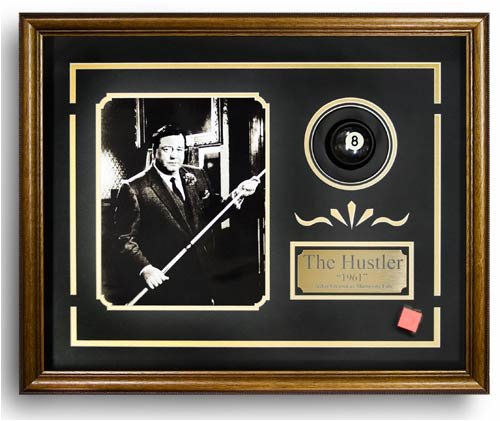 The Hustler. Billiard Movie Memorabilia. Game Room Decor (Photo, Plate, Real Pool Ball). Professionally Framed in the Custom Made Shadow Box Real Wood Walnut Frame (17.25 x 21.25)