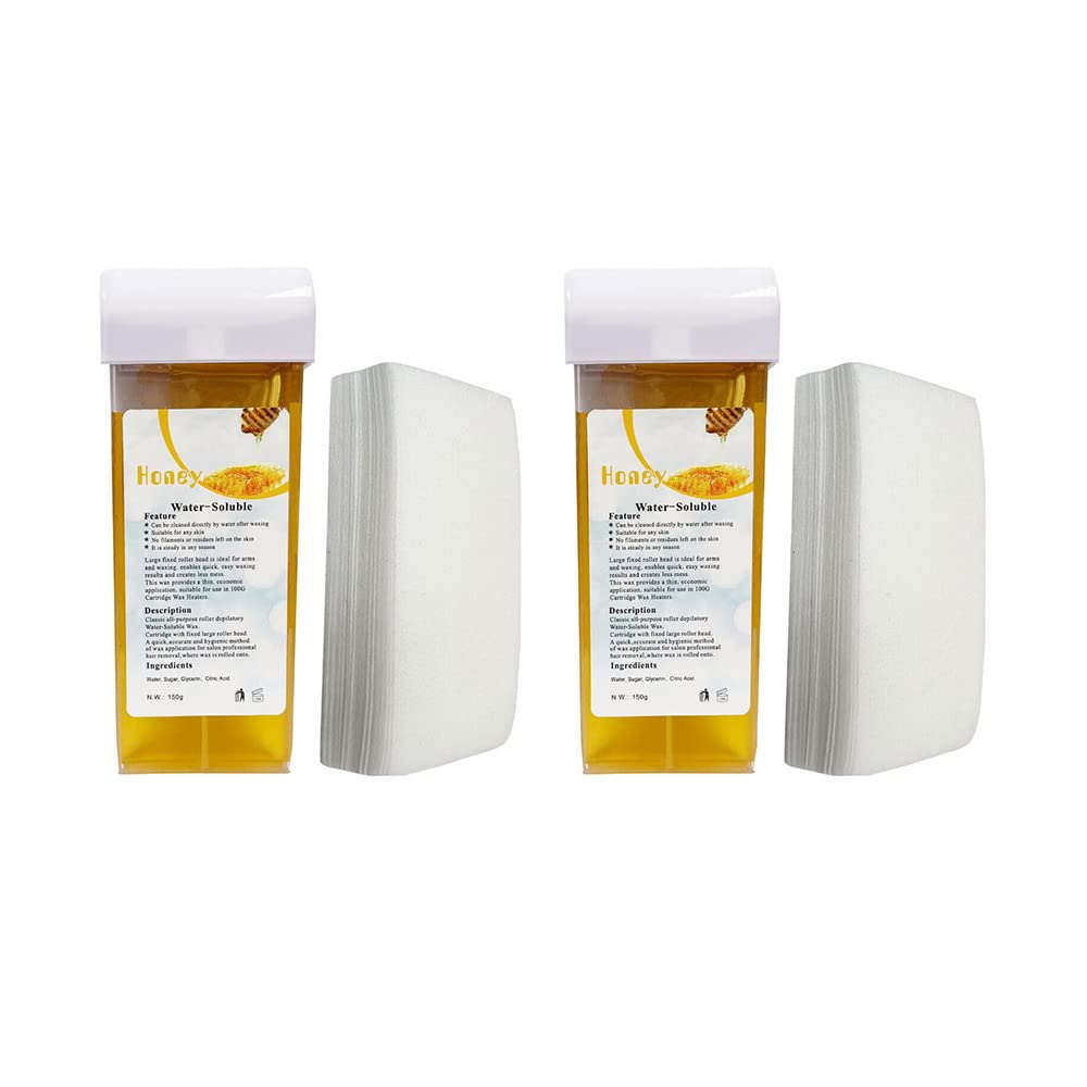 2 Honey Wax Cartridge With 100 Paper Waxing Strips Kit Sugar Cartridges Warm Paste Pack ROLL-ON Hot Wax Roller Hair Removal Depilatory 100ml Waxing Hot Rolling Soft Gentle Remover