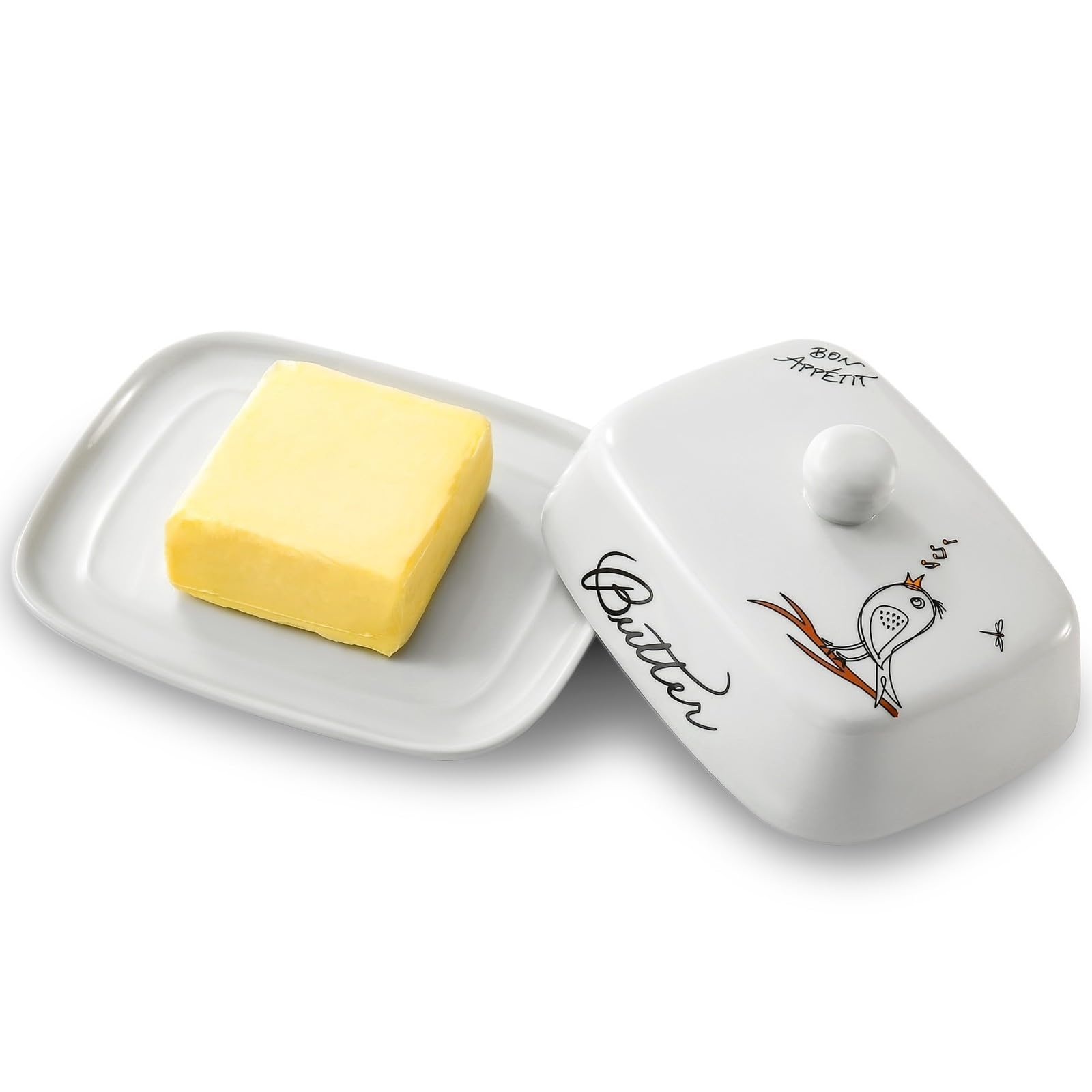 Butter dish with handle for 250g butter, high-quality ceramic, white with colourful bird pattern, porcelain, butter dome, butter tray, butter container, butter box, dishwasher safe, Creative Gift Idea
