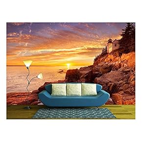 The Bass Harbor Head Lighthouse in Acadia National Park, Maine, USA. Photographed During a Spectacular Sunset. - Removable Wall Mural | Self-Adhesive Large Wallpaper - 66x96 inches