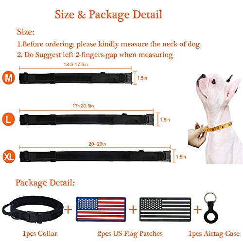 YouthBro Tactical Dog Collar with Two US Flag Patch, K9 Military Dog Collar with 1 Airtag case, Nylon Collar with Heavy Duty Metal Buckle for Medium Large Dogs Black, L