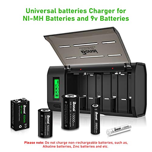 BONAI LCD Rechargeable Battery Charger For C, D, AA, AAA Battery (Ni-Mh or Ni-Cd) and 9V Battery (Ni-Mh or Li-ion) - LCD Universal Battery Charger With Discharge Function [Black]
