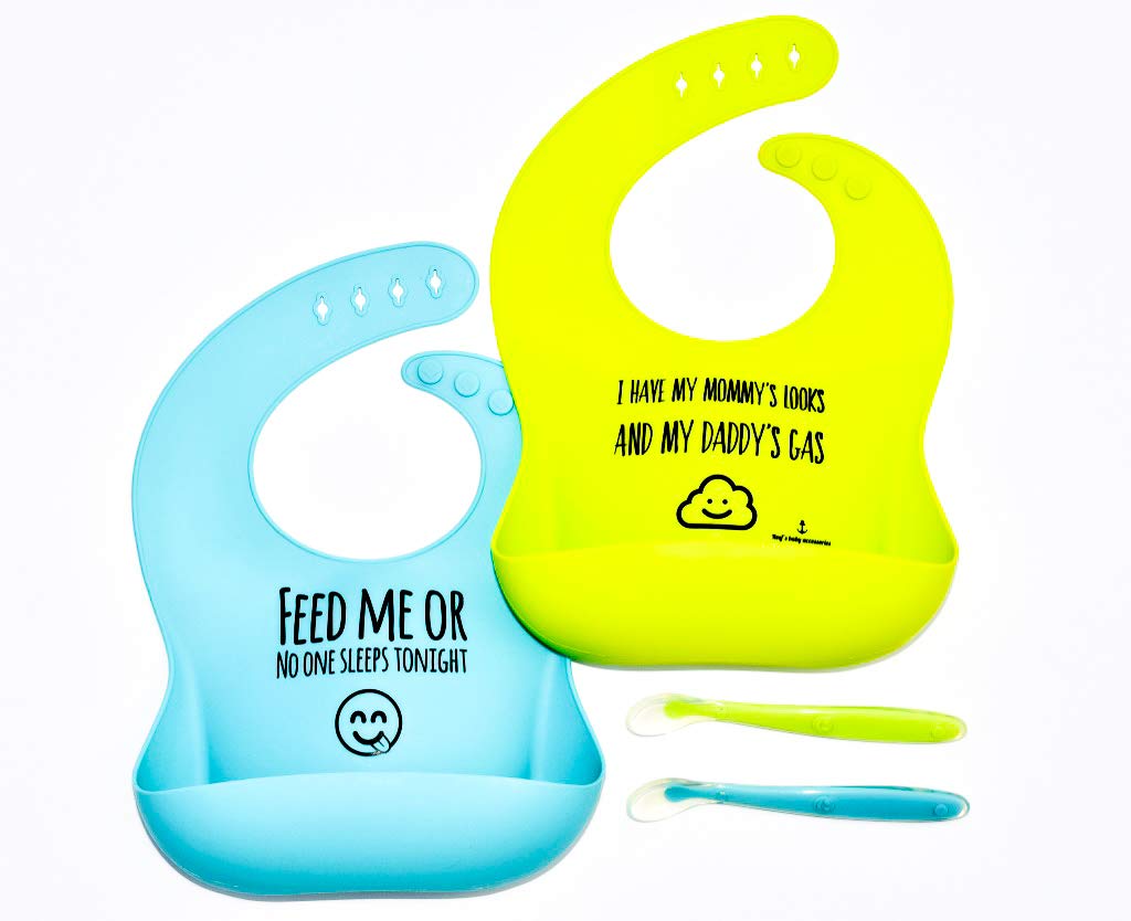 Cute Funny Quotes Silicone Bibs for Boys and Girls by Reef's baby accessories. Waterproof Easy to Clean Large Food Catcher Pocket Set of 2 Baby Bibs for Infants/Toddlers+ Matching Spoons. Blue/Green