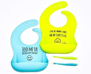 Cute Funny Quotes Silicone Bibs for Boys and Girls by Reef's baby accessories. Waterproof Easy to Clean Large Food Catcher Pocket Set of 2 Baby Bibs for Infants/Toddlers+ Matching Spoons. Blue/Green