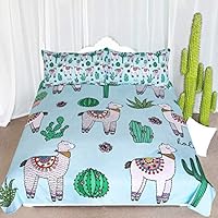 ARIGHTEX Alpaca Llama Cactus Pattern Bedding Green Blue Girls Cute Duvet Cover 3 Piece South American Cartoon Animal Bedspreads (Full)