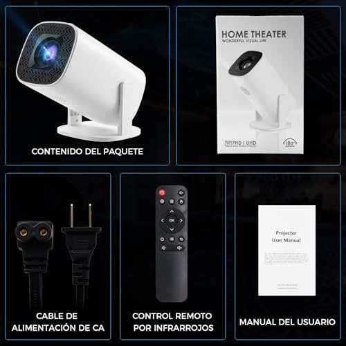 HUSEYTA Mini Proyector Portátil 4K Auto Keystone, Proyector Inteligente 250 ANSI con WiFi 6 y BT 5.4, Android 11.0 Incorporado, Pantalla 150 Pulgadas Compatible con iOS/Android/PC/PS5