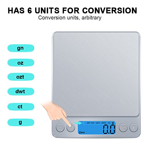 Kitchen Food Mini Scale High-Precision Smart Digital Weighing Scale Multifunction for Cooking/Baking Dog/Cat Feeding,6 Units, Auto Off, Tare, PCS Function, 0.01oz capacity 3000 Gram with 2 Bowl Silver - Thumbnail 2