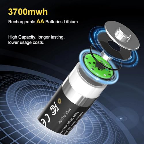 Cuorvag Rechargeable Battery AA with Charger, 8 Pack AA 1.5V Lithium Batteries, 3700mWh High Capacity, Smart LED Type-C Charging Case, 1300+ Cycles
